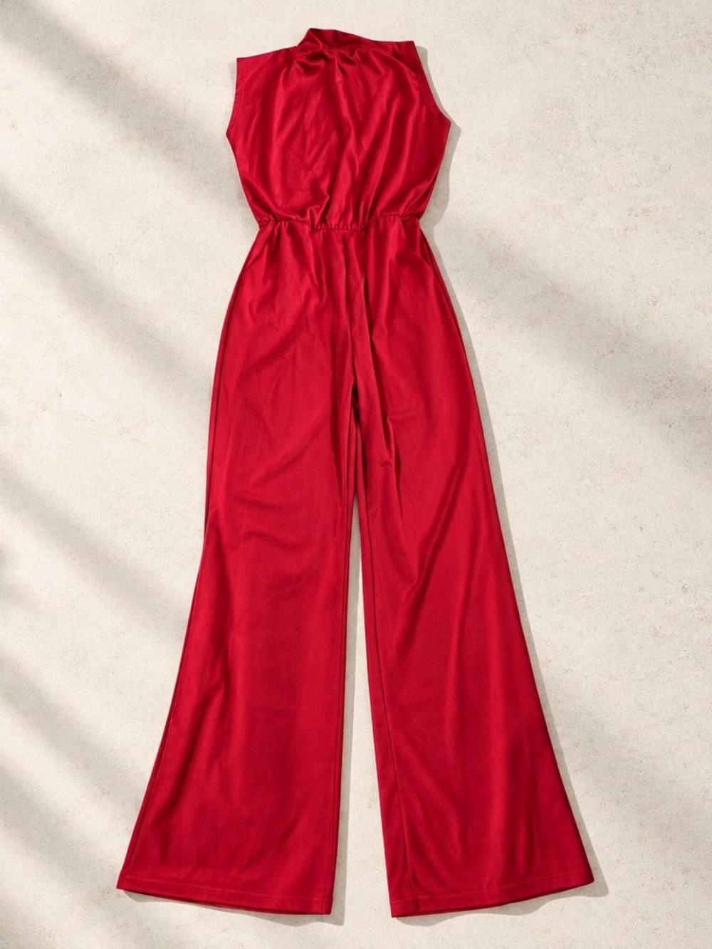 Sleeveless Red Wide-Leg Jumpsuit with High Neck